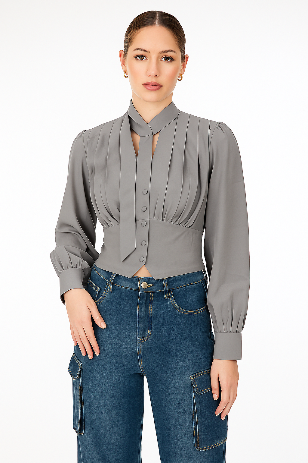 SXV Elegant Pleated Crop Blouse with Tie Neck, Long Sleeve, Button Front, Grey