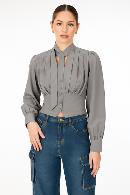 SXV Elegant Pleated Crop Blouse with Tie Neck, Long Sleeve, Button Front, Grey