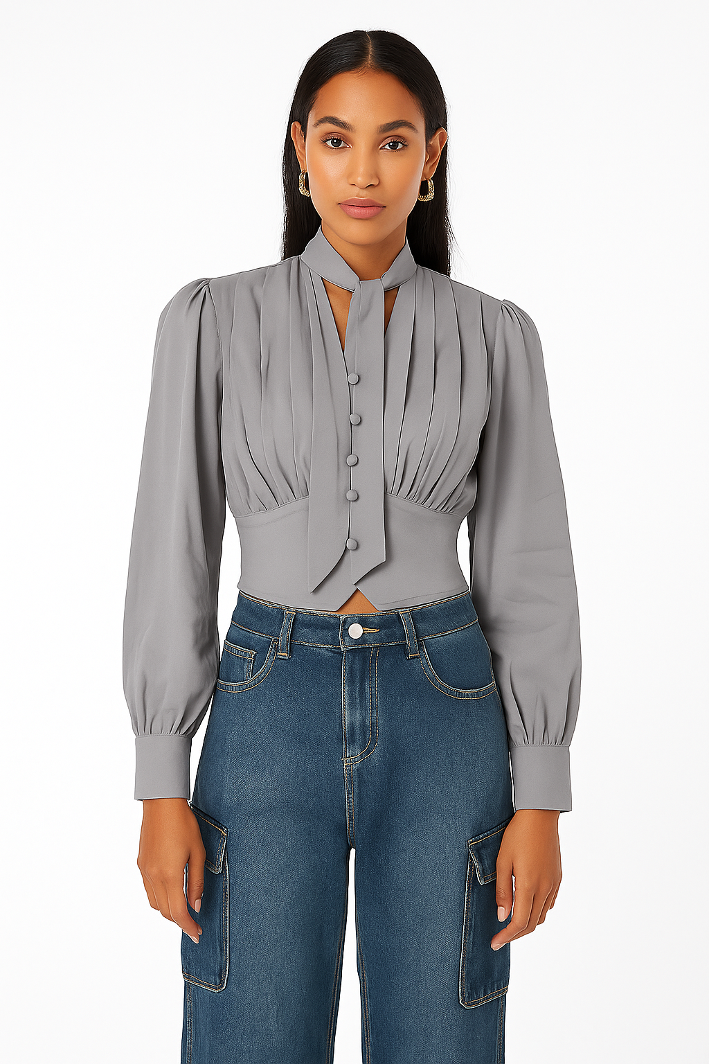 SXV Elegant Pleated Crop Blouse with Tie Neck, Long Sleeve, Button Front, Grey
