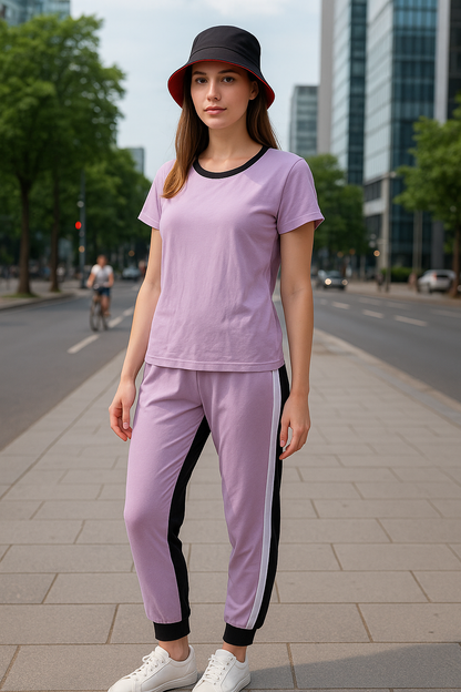 SXV Women's Athletic Tracksuit Set, Lilac with Black Trim, Cotton Blend, Short Sleeve Top and Joggers, Plus Size