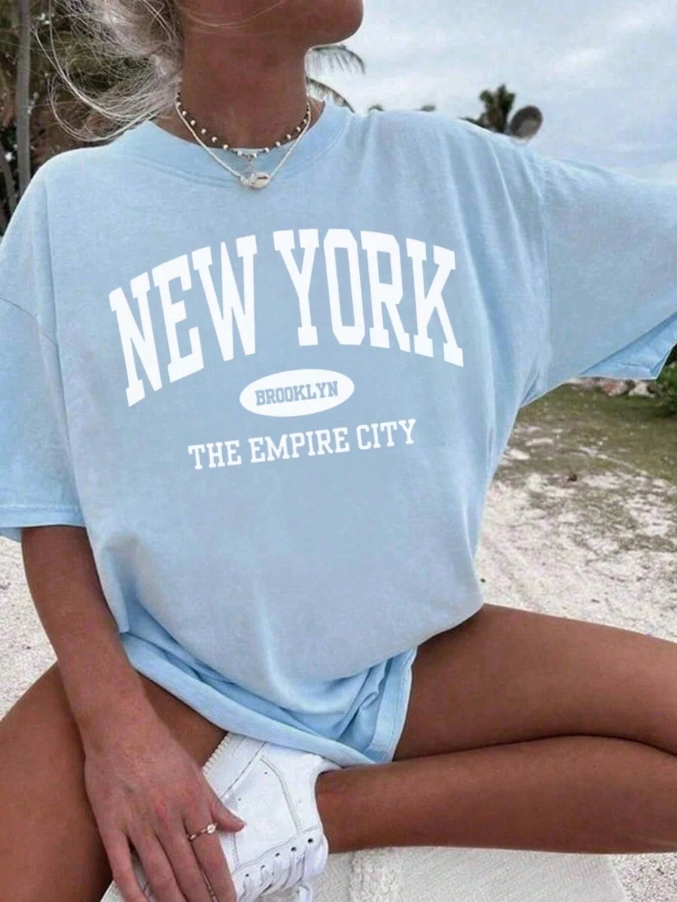 SXV Women's Summer Letter Print Off-Shoulder Loose Casual T-Shirt