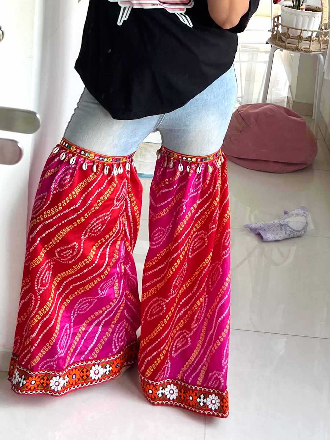 Bandhani bottom slit denim jeans indo western look for Navratri