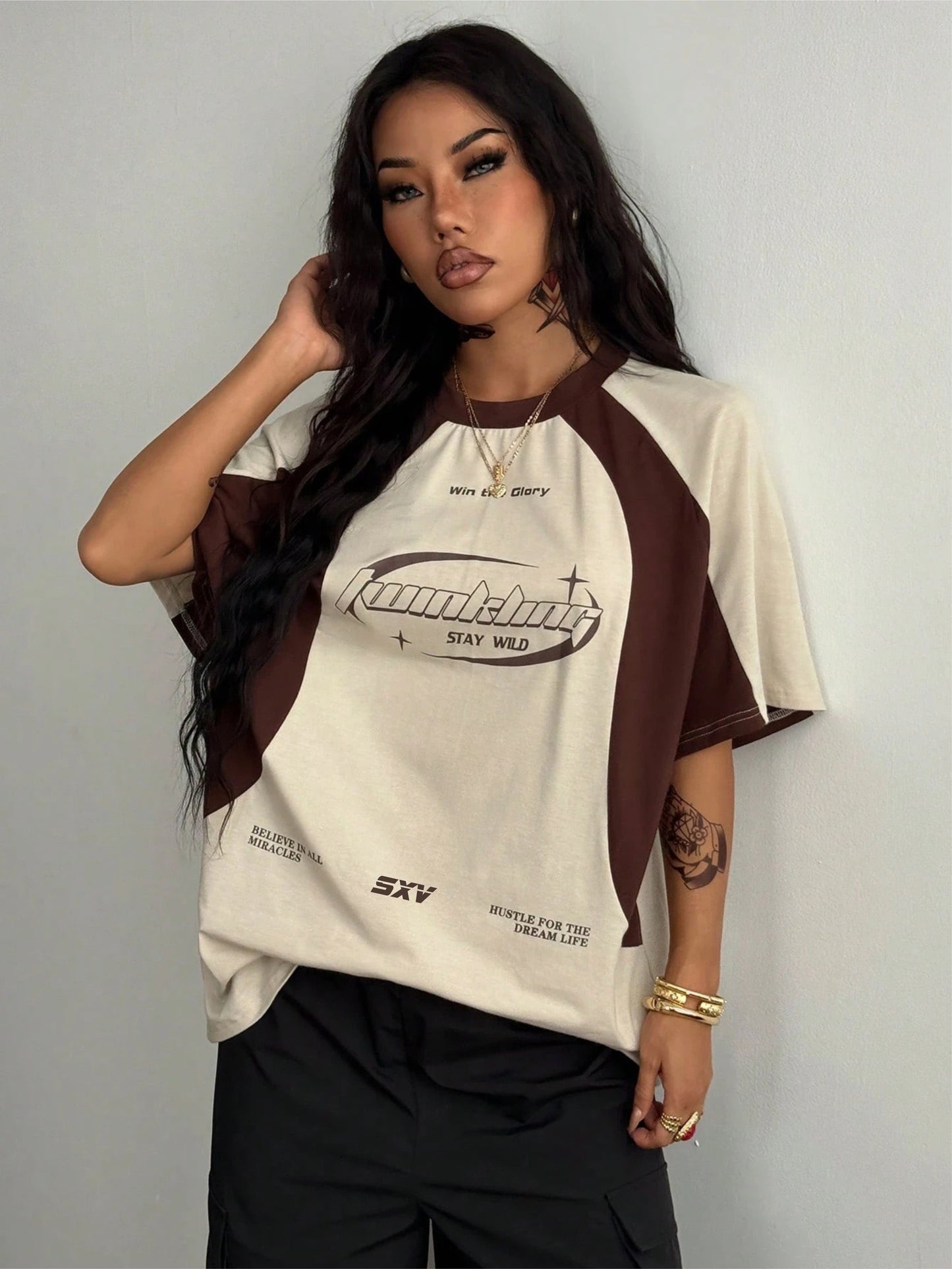 SXV Women's Streetwear Oversized Racing Motorcycle Print Color Block Raglan Sleeve Jersey T-Shirt