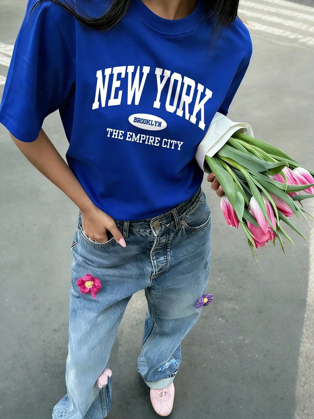 SXV Women's Summer Letter Print Off-Shoulder Loose Casual T-Shirt