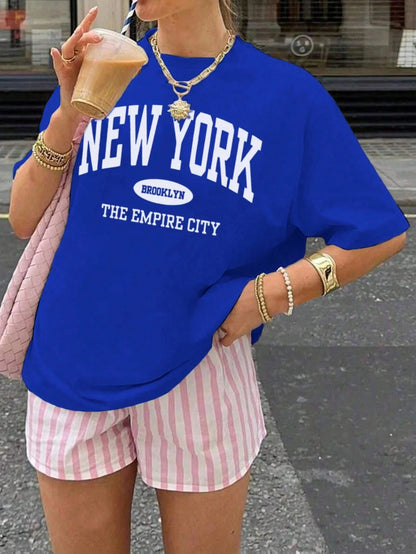 SXV Women's Summer Letter Print Off-Shoulder Loose Casual T-Shirt