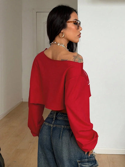 SXV Winter Going Out Streetwear Rave Cowgirl Sportswear Casual Music Festival Graphics Cropped Over Size Asymmetrical Neck Off Shoulder White Long Sleeve T-Shirt