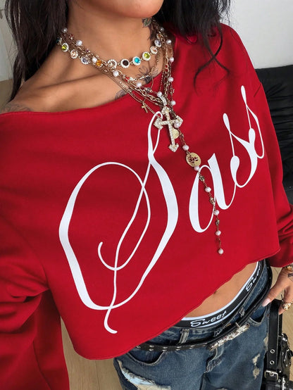SXV Winter Going Out Streetwear Rave Cowgirl Sportswear Casual Music Festival Graphics Cropped Over Size Asymmetrical Neck Off Shoulder White Long Sleeve T-Shirt