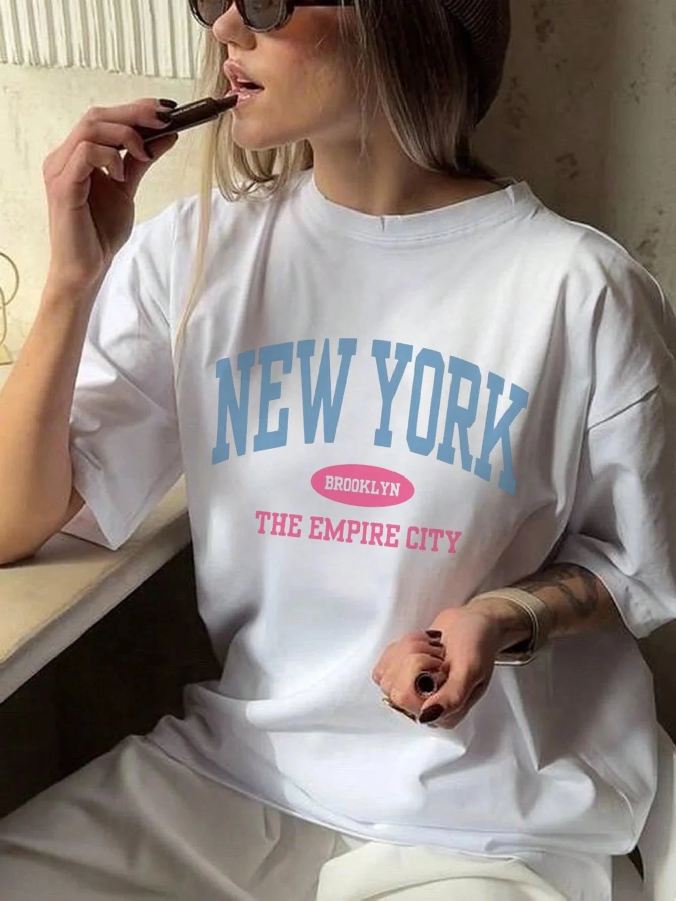 SXV Women's Summer Letter Print Off-Shoulder Loose Casual T-Shirt