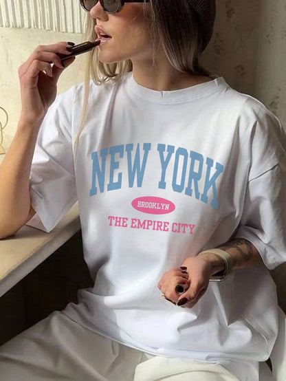 SXV Women's Summer Letter Print Off-Shoulder Loose Casual T-Shirt