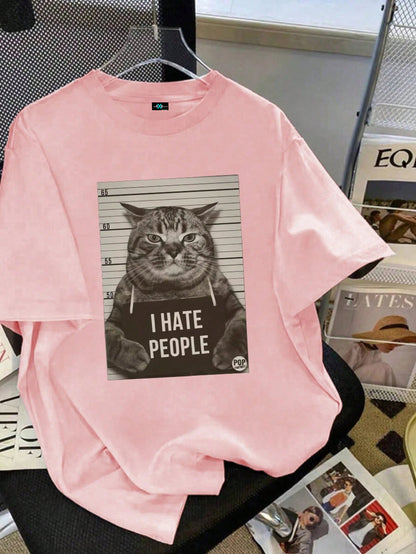 SXV i hate people Women's Funny Cat Letter Print Round Neck Short Sleeve Simple Casual Everyday T-Shirt