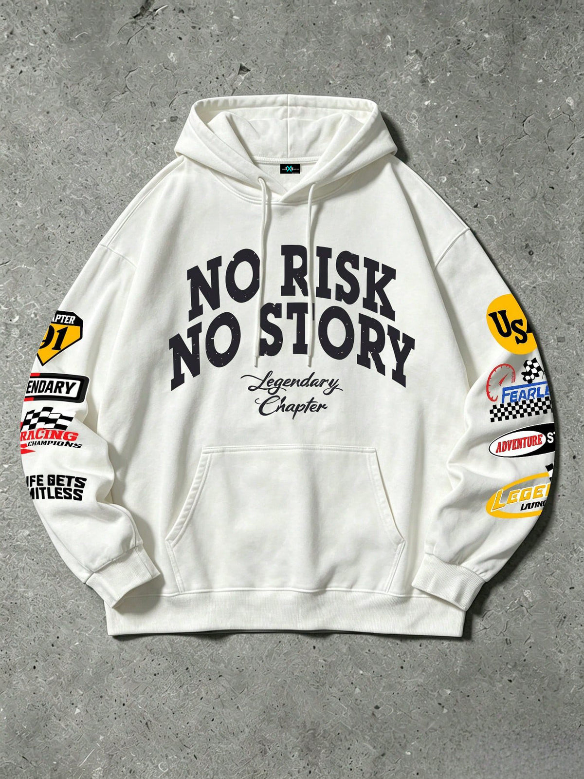 SXV no risk no story Letter Print Pocket Hoodie