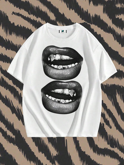 SXV Street Style Tee Short Sleeve Top With Black And White Mouth Pattern, Suitable For Summer