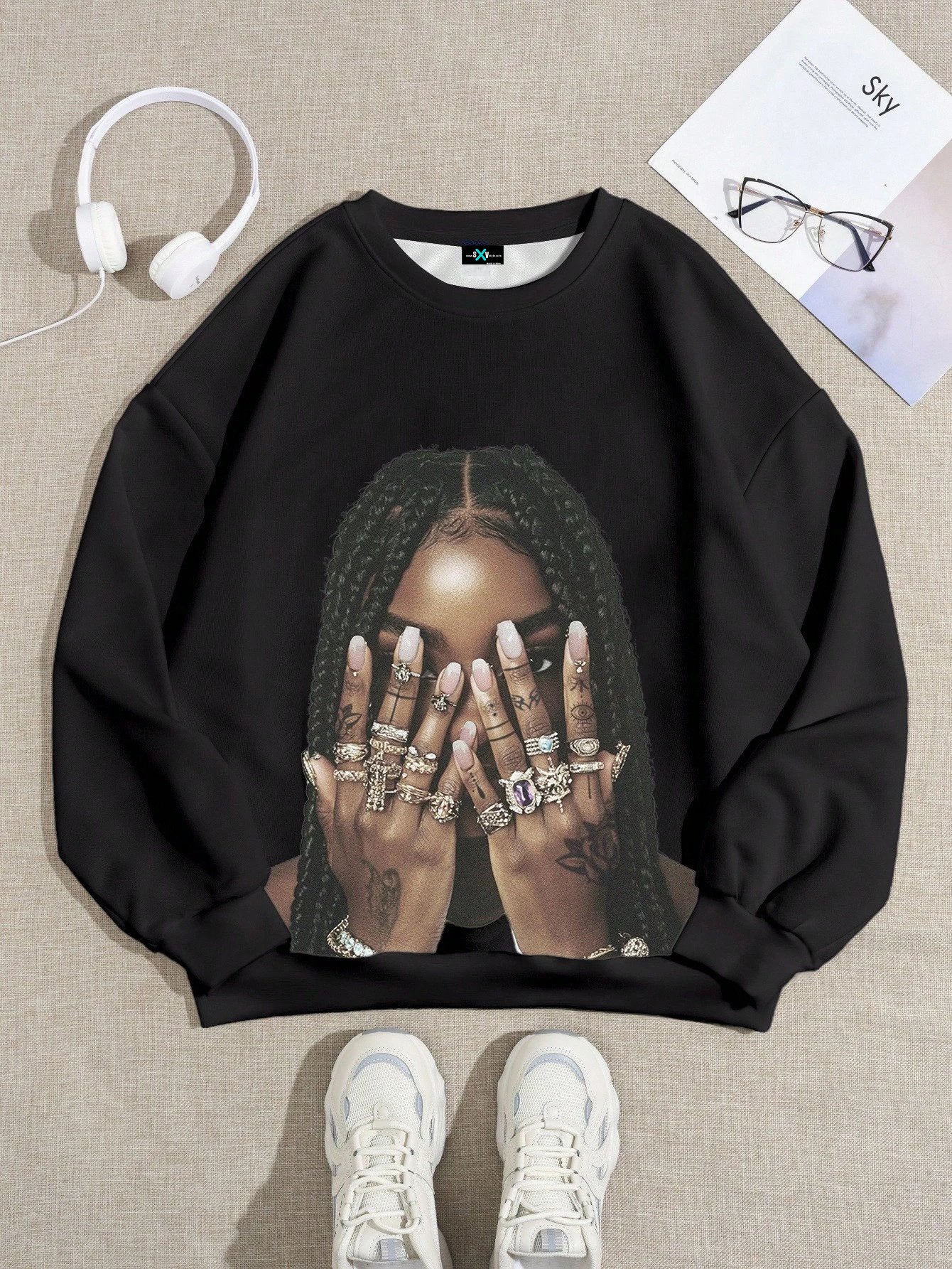 SXV Casual Braids Punk Tattoo Graphics Round Neck Loose Fit Women Sweatshirt