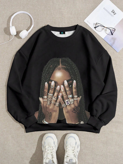 SXV Casual Braids Punk Tattoo Graphics Round Neck Loose Fit Women Sweatshirt