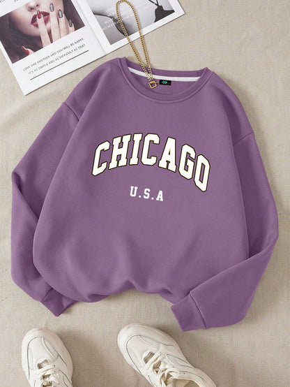 SXV Cicago Letter Graphic Thermal Lined Sweatshirt,Long Sleeve Tops Fall Cloth For Women