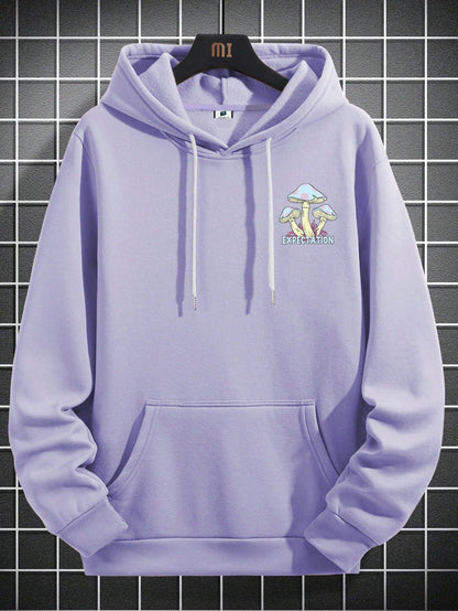 SXV Mushroom & Slogan Graphic Drop Shoulder Hoodie With Drawstring,Long Sleeve