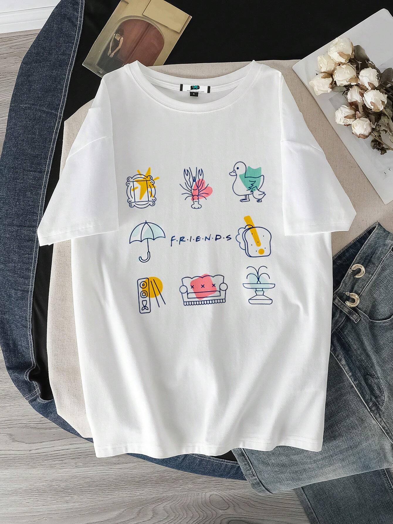SXV FRIENDS Women's Casual Loose Crew Neck Short Sleeve T-Shirt, Summer,Graphic Tee