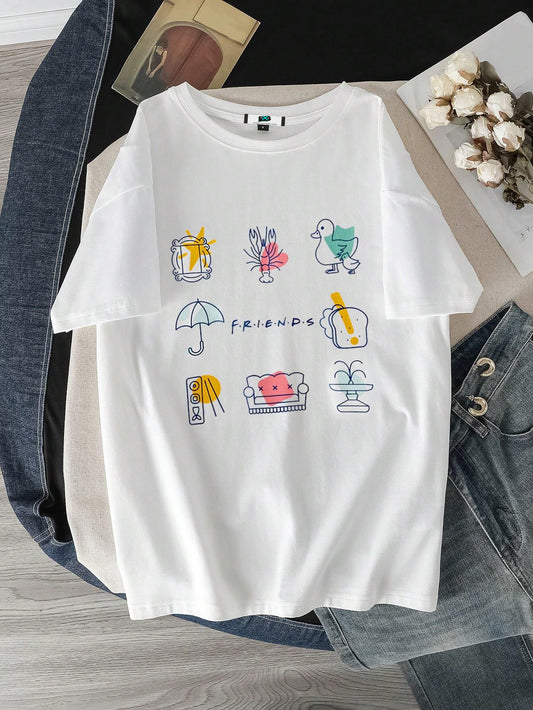 SXV FRIENDS Women's Casual Loose Crew Neck Short Sleeve T-Shirt, Summer,Graphic Tee