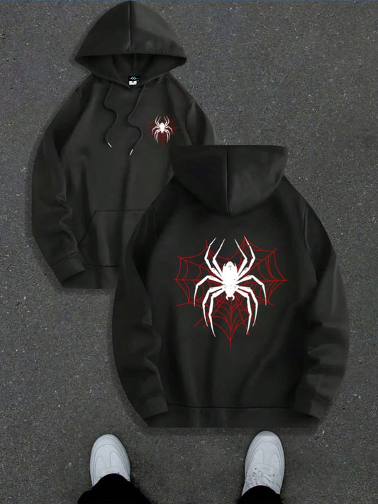 SXV Casual Hoodie Sweatshirt With Spider Web Theme And Spider Print Pattern, Featuring Pocket And Drawstring Details
