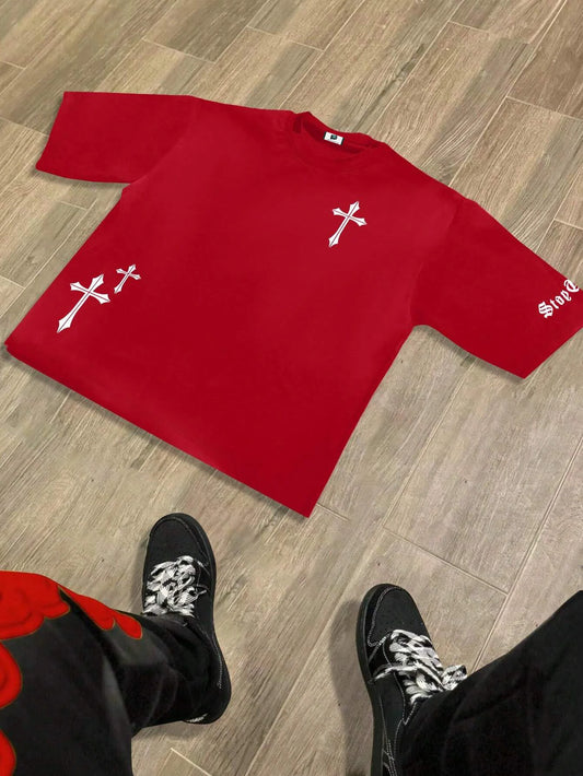 SXV  'crossss’ Printed Cool Aesthetic Oversized Baggy T-shirt