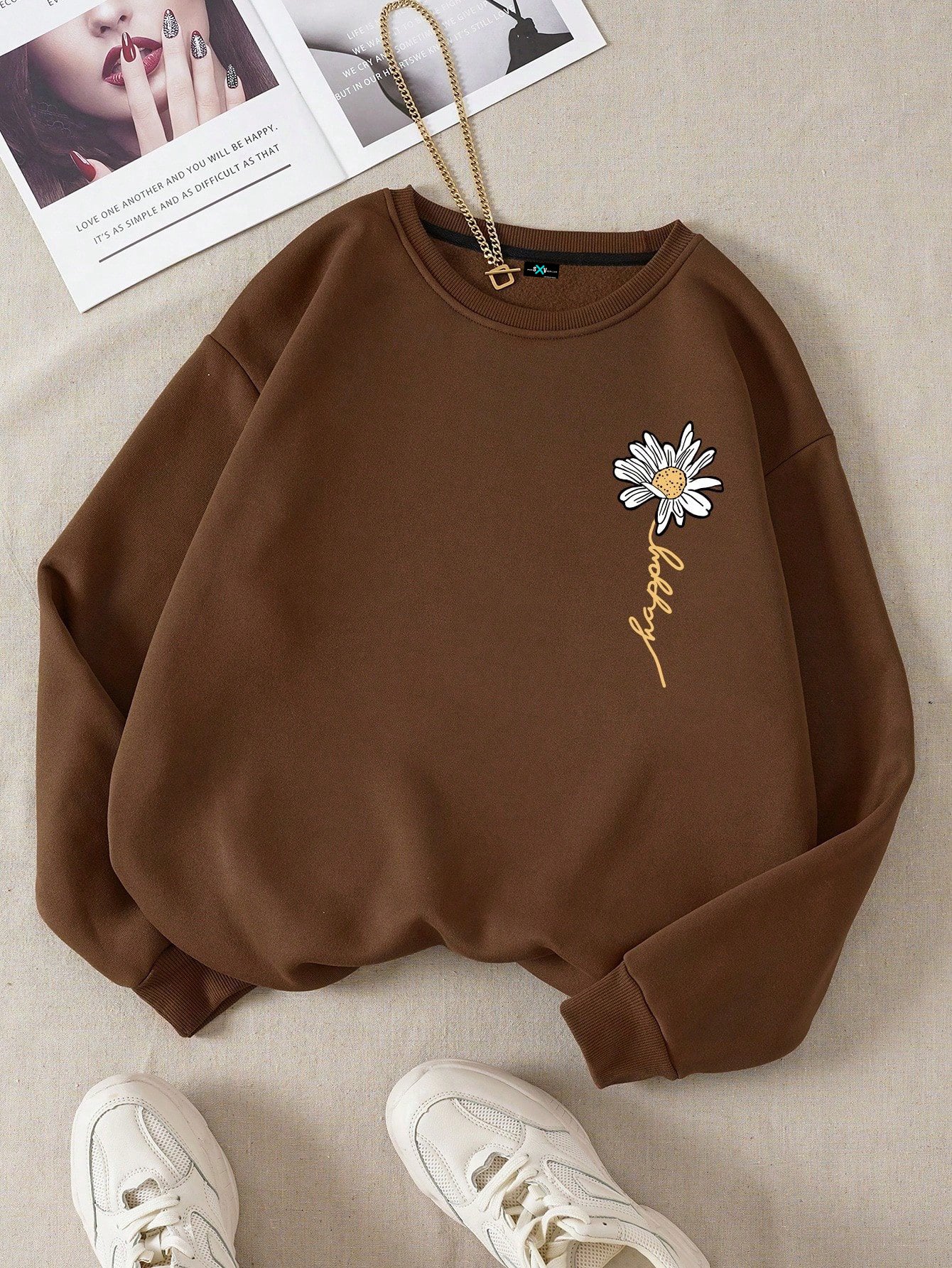 SXV Letter & Floral Print Thermal Pullover