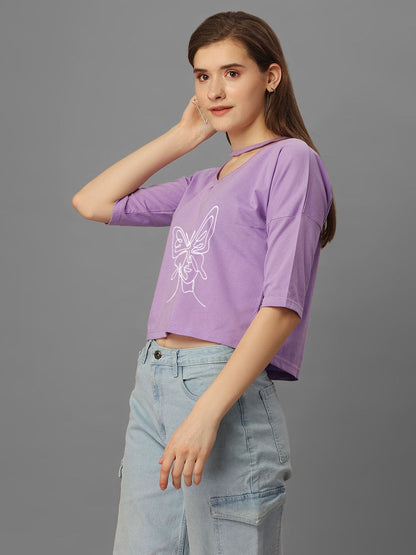 SXV Printed Lavender v cut neck Boxy Top