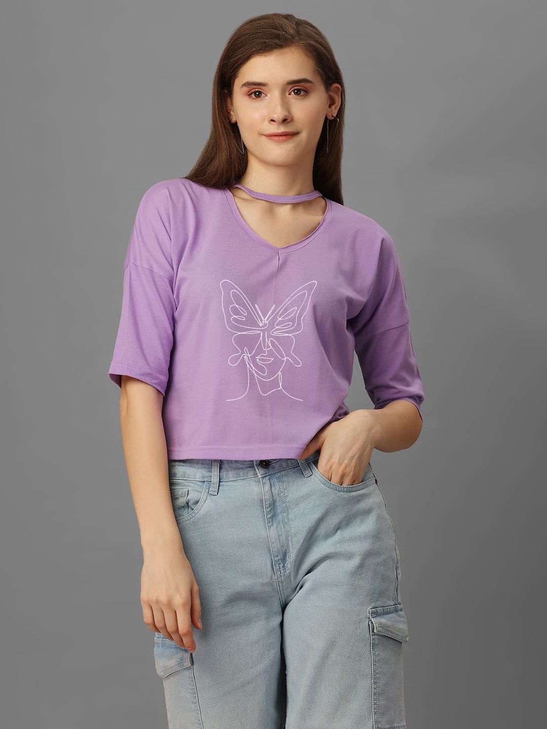 SXV Printed Lavender v cut neck Boxy Top