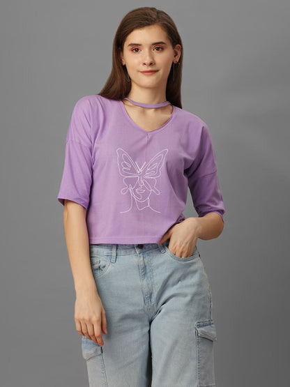 SXV Printed Lavender v cut neck Boxy Top