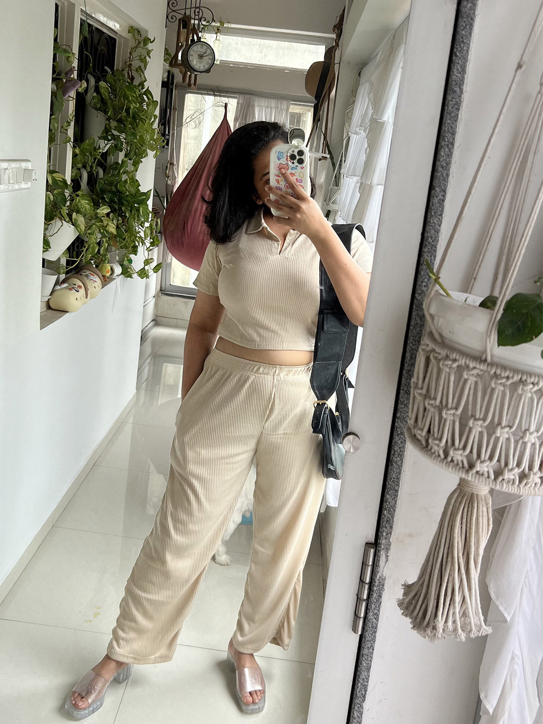 SXV Basic CO-ORDS set : Beige Ribbed crop top And Trouser Combo