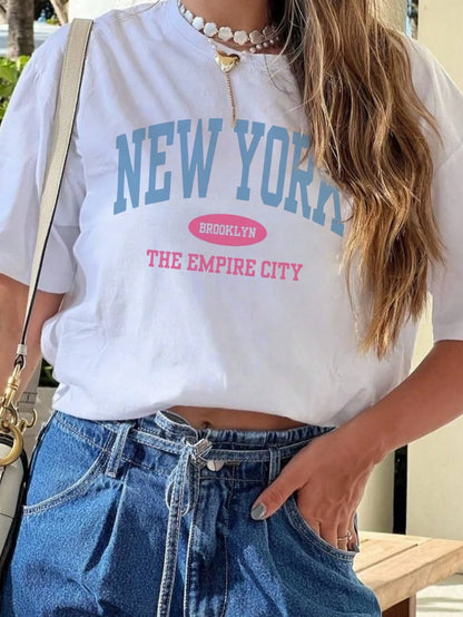 SXV Women's Summer Letter Print Off-Shoulder Loose Casual T-Shirt