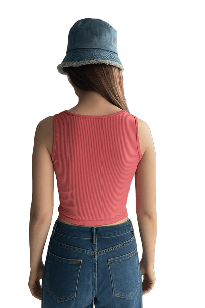 SXV Solid Peachpink front string ashmetric neck Crop Top