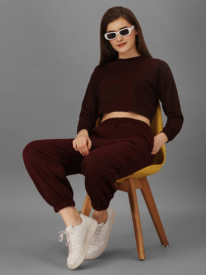 SXV Basic CO-ORDS set :Brown Crop sweatshirt And Joggers Combo