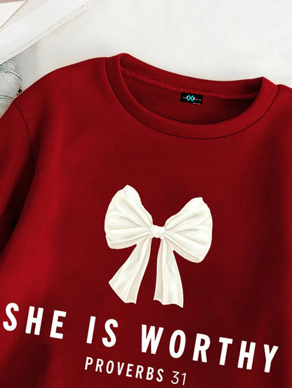 SXV Tween Girl Bow & Letter Print Crew Neck Long Sleeve Sweatshirt