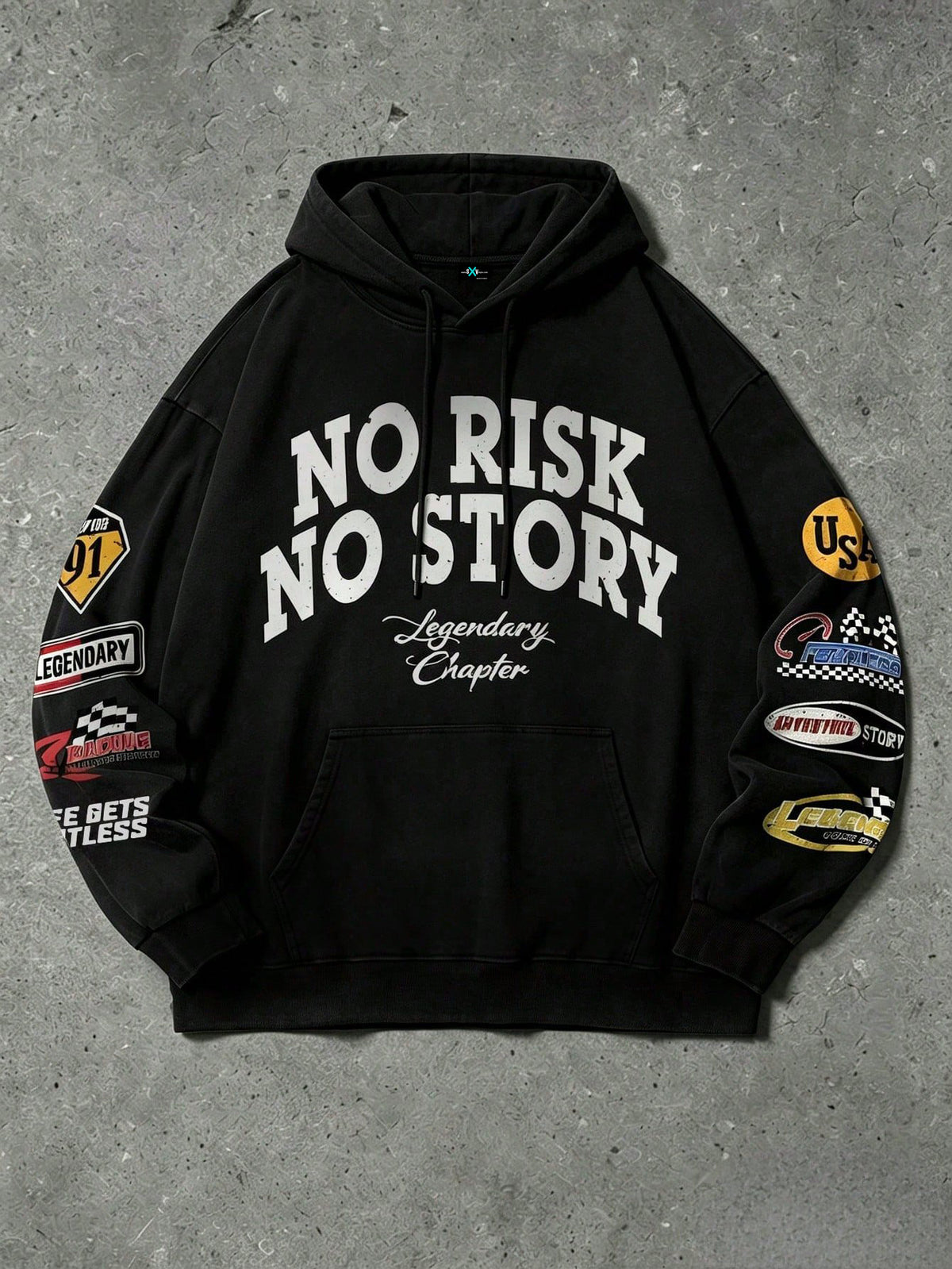 SXV no risk no story Letter Print Pocket Hoodie