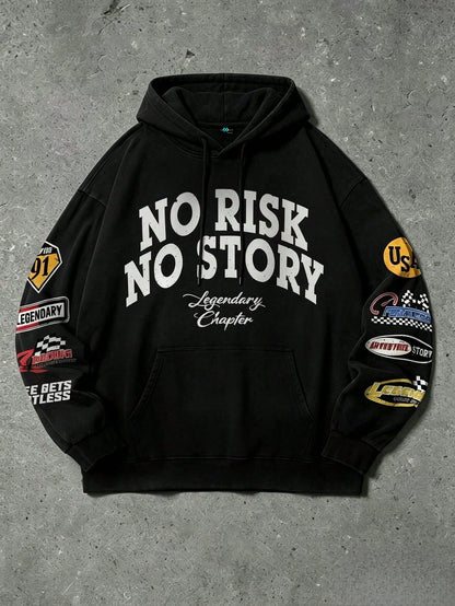 SXV no risk no story Letter Print Pocket Hoodie