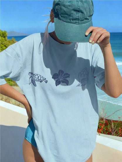 SXV Women's Summer New Simple Sea Turtle, Floral, Shell Print Casual Vacation Loose Fit Round Neck Light Blue Short Sleeve T-Shirt