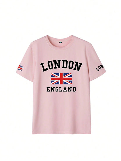 SXV Summer London Letter Print Cheongsam Pattern Round Neck Short Sleeve T-Shirt