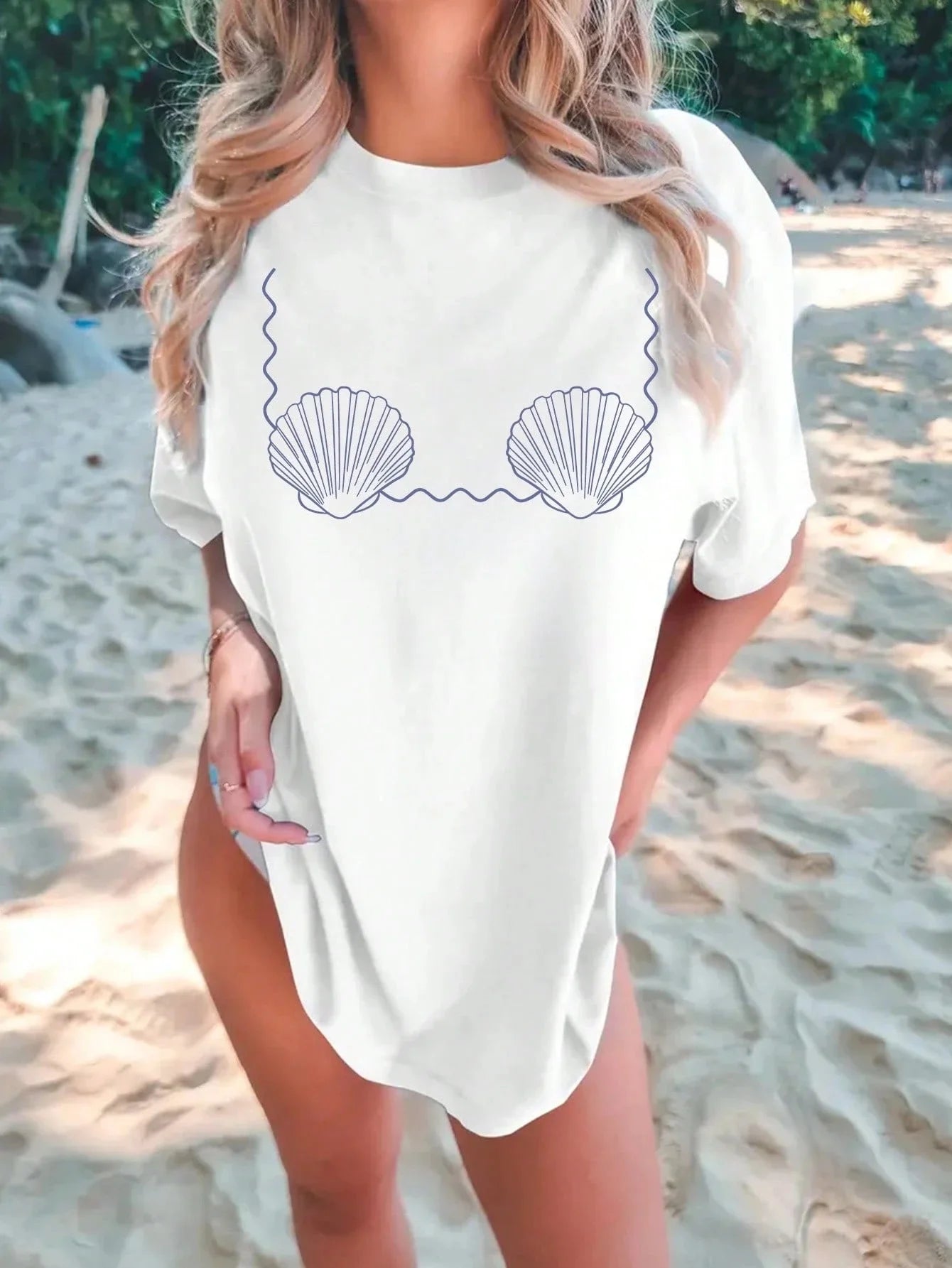 SXV Women's Summer Bikini Shell Pattern Print Round Neck Short Sleeve Simple Casual Daily White Plus Size T-Shirt Tops, Bikini Pattern T-Shirt, Bikini T-Shirt, Underwear Top T-Shirt