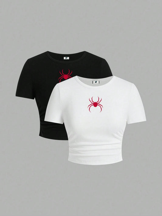 SXV Red Spider Print Casual Simple Design Crew Neck Short Sleeve Fitted Women T-Shirts