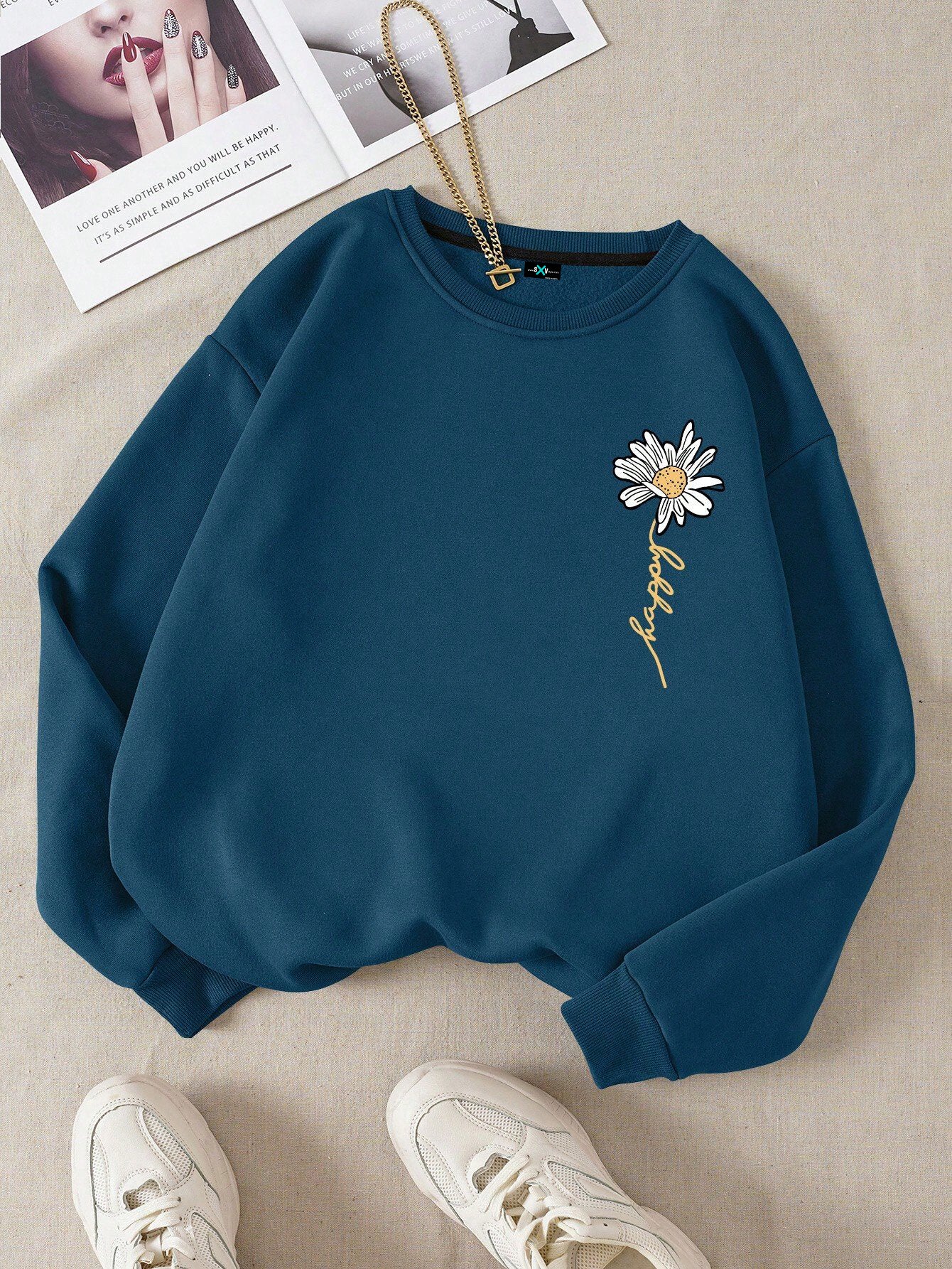 SXV Letter & Floral Print Thermal Pullover