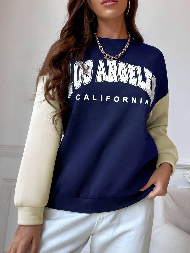 SXV  'LOS ANGELES california’ Printed Cool Aesthetic Drop Shoulder Oversized Color blocked Sweatshirt