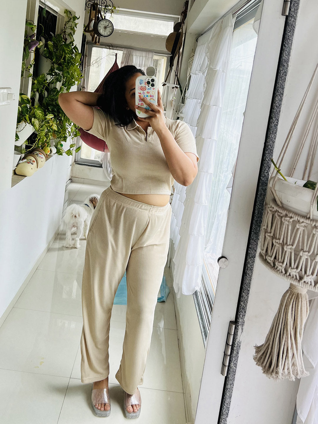 SXV Basic CO-ORDS set : Beige Ribbed crop top And Trouser Combo