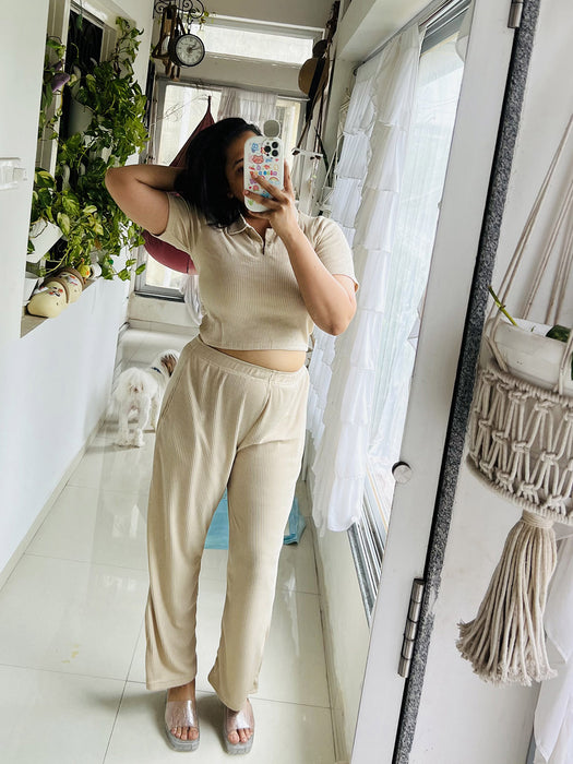 SXV Basic CO-ORDS set : Beige Ribbed crop top And Trouser Combo