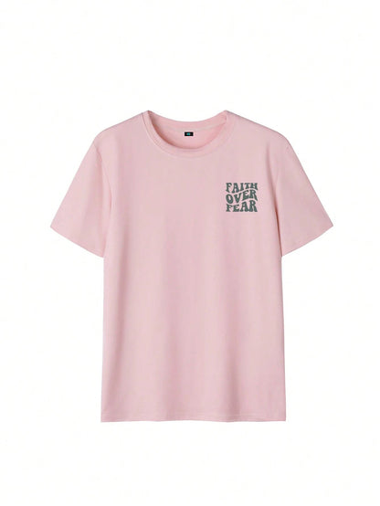SXV Women's Belief Overcomes Fear Letter Print Casual Round Neck Short Sleeve T-Shirt