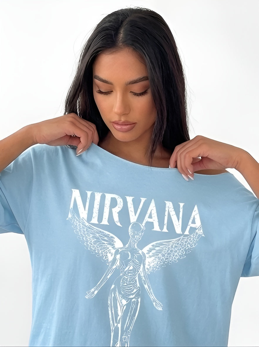 SXV NIRVANA SKY Print Casual Loose Fit One Shoulder T-Shirt For Women