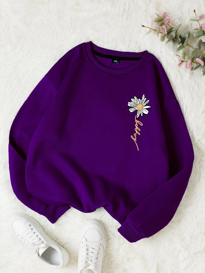 SXV Letter & Floral Print Thermal Pullover