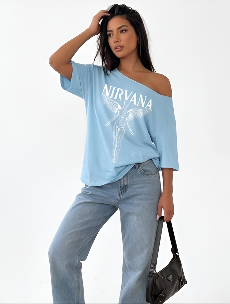 SXV NIRVANA SKY Print Casual Loose Fit One Shoulder T-Shirt For Women