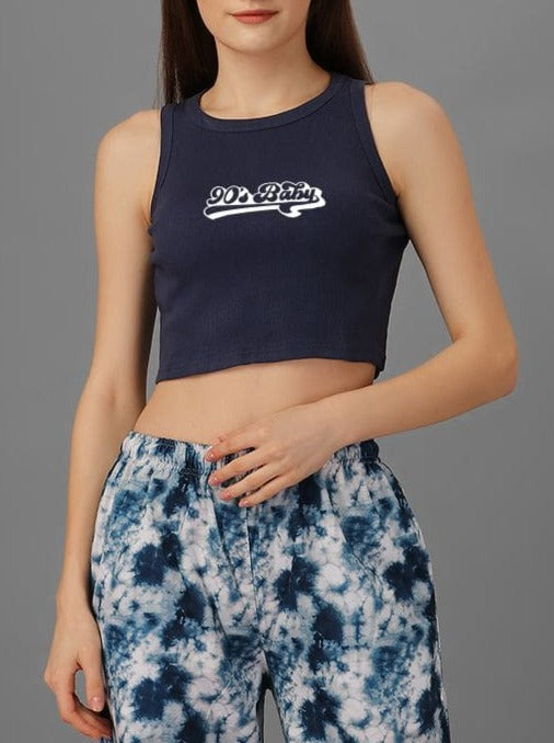 SXV 90's baby Printed Navyblue Ribbed Tank Top