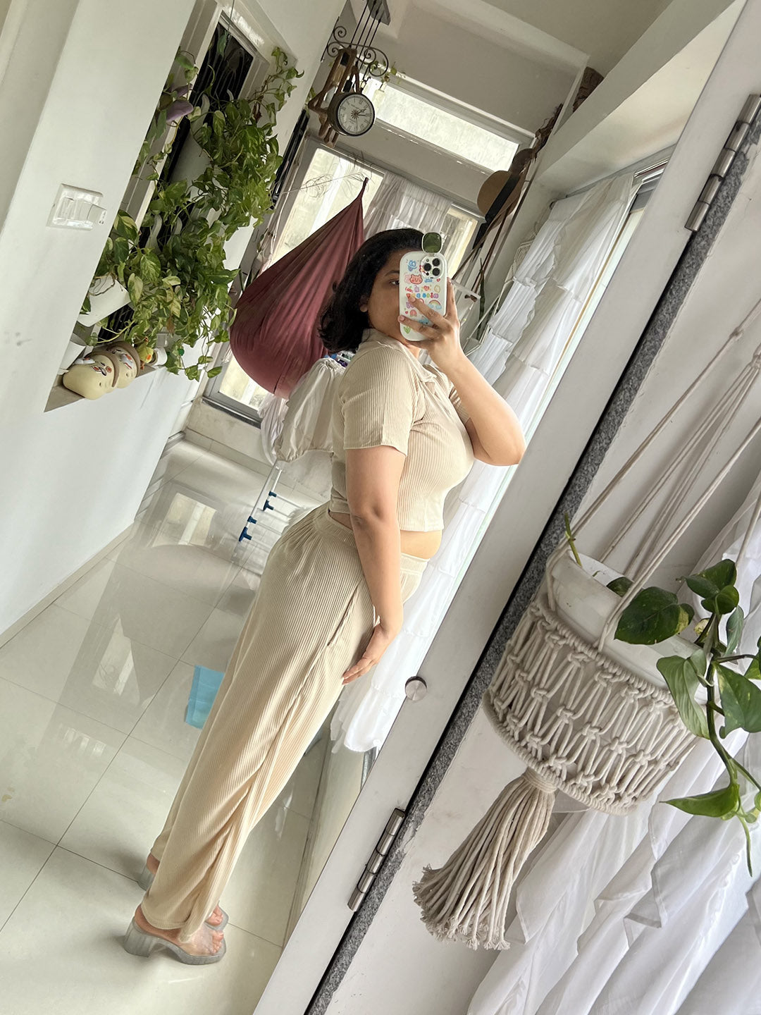 SXV Basic CO-ORDS set : Beige Ribbed crop top And Trouser Combo