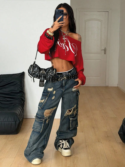 SXV Winter Going Out Streetwear Rave Cowgirl Sportswear Casual Music Festival Graphics Cropped Over Size Asymmetrical Neck Off Shoulder White Long Sleeve T-Shirt